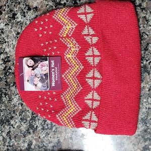 Women's insulated hat new/tag RED w/ gray/yellow pattern very warm length 9.5